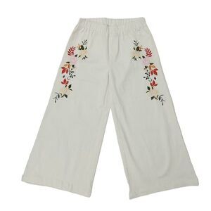 Umgee Wide Leg Crop Pants Womens Large White Floral Embroidered High Rise Cotton